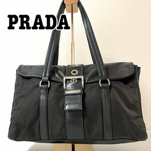 PRADA プラダ ナイロン ポノコ テスート レザー トートバッグ ベルト フラップ ダークブラウン イタリア製 肩掛け