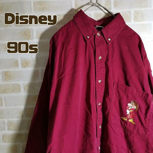 Disney ディズニー 90s シャツ 長袖 ボルドー 白雪姫 おこりんぼ
