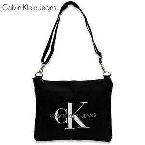 希少■CALVIN KLEIN JEANS (カルバンクライン) CKロゴ キャンバス ショルダーバッグ 黒 ブラック