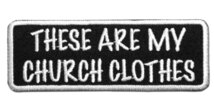 刺繍 アイロンワッペン【THESE AER MY CHURCH CLOTHES/私の聖なる服】タテ3.5cm ヨコ9.8cm 糊付き のりつき 四角 長方形 黒 白 英語 文字_画像2