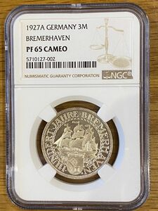 1927年ドイツ ワイマール共和国 ブレーマーハーフェン3マルク銀貨 NGC PF66 CAMEO