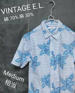 ★送料無料★ VINTAGE E.L. 柄シャツ デザインシャツ ヴィンテージイーエル アロハシャツ ボタニカル ボーダー Medium 相当