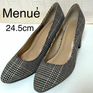 【美品】Menue メヌエ パンプス チェック柄 チャンキーヒール 24.5cm