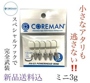 コアマンPH-03パワーヘッドミニ アンペイント3gジグヘッド釣り針フック