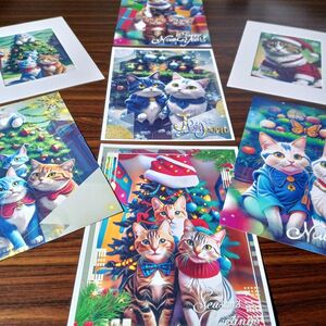 クリスマスを喜ぶ猫の絵色々‥《２L版７枚セット》オリジナルアートポスター