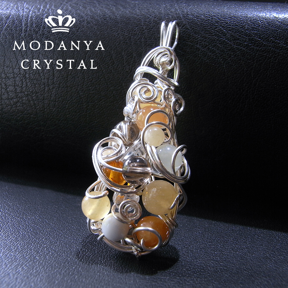 Calcite jaune + calcite orange + pendentif en fil de quartz fumé, Fait main, Accessoires (pour femmes), collier, pendentif, foulard