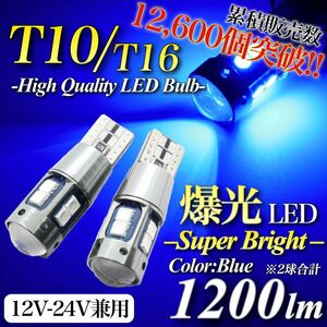 爆光 大人気 モデル 12V 24V 対応 ブルー T10 T16 兼用 無極性 キャンセラー内蔵 LED ウェッジ球 2個入