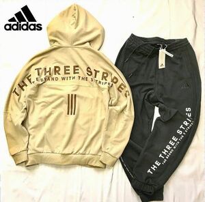 ▼新品 【メンズL】茶ブラウン adidas アディダス 上下セット THREE STRIPES セットアップ ジップアップ パーカー スウェットパンツ