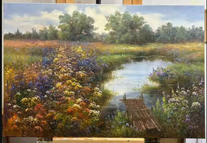 Art hand Auction 油彩画, 風景画, 手描きの油絵, 風景画『池のほとりの野花』の, 60×90センチメートルの作品です, 絵画, 油彩, 自然, 風景画