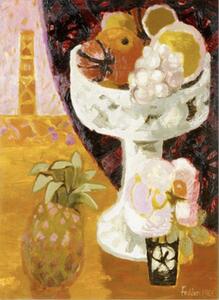 【メアリー・フェデン】白い置物上のフルーツと花　キャンバスアート