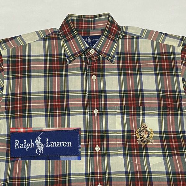 90's Ralph Lauren ラルフローレン 王冠刺繍入り マドラスチェック コットンシャツ Sサイズ ビンテージ古着 90年代 RRL 80's ドレス