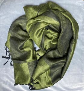 ★未使用品　イタリア製　パシュミナ　薄手　大判　ストール　マフラー　ショール　グリーン系　カシミヤ　シルク silk 絹　チェック