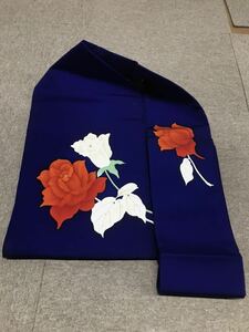 Y 衣服★長期保管品★昭和レトロ　名古屋帯　かがり帯　紺系/ネイビー 和服 着物　花　インテリア　ヴィンテージ　長さ約335cm前後　現状