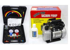 【ROTARY VANE】電動真空ポンプ マニホールドゲージ セット／VACUUM PUMP A68V05／使用感 少／ロータリーベーン／2308-K0288V(NT)