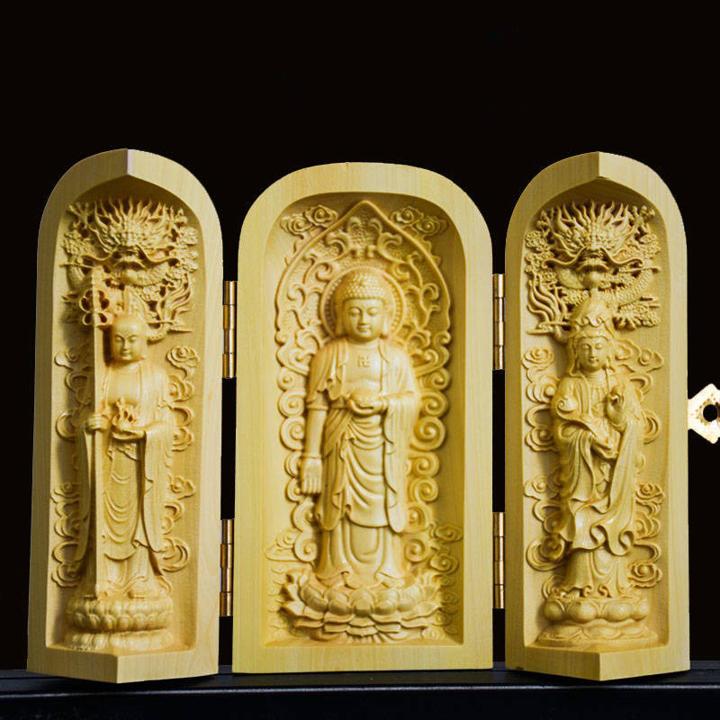 [Tsuge Wood Carving Buddha Statue] ◆Basha Three Saints Opening and Closing Buddha Statue Tube Type◆ Natural/Natural Wooden/Handmade/Handmade/Detailed Sculpture/Interior/Present/Good luck Feng Shui amulet, sculpture, object, oriental sculpture, Buddha statue