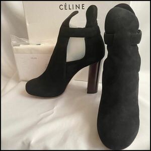 【1円スタート】CELINE セリーヌ スエード スゥエード ショート ブーツ ブーティー 靴 フィービー期 サイズ37.5(24.5cm) ヒール 10.5 黒 