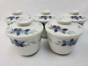 未使用　保管品　昭和レトロ　日本陶芸　ブルーフラワー　茶碗蒸し器　5客セット　共箱なし　（0125