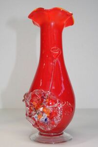 [IM]　全高約21ｃｍ 　ガラス　花瓶　ホットワーク　アップリケ　赤　花器　花入れ　フラワーベース　昭和レトロ