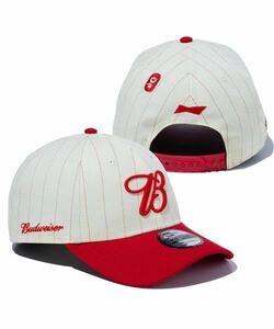 NEW ERA NEWERA ニューエラ 9FORTY Budweiser バドワイザー　Bロゴ　CAP 帽子 スナップバック　クロームホワイト　ピンストライプ　レッド