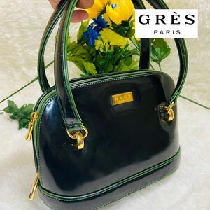 パリ老舗ブランド●GRES PARIS●グレ●ハンドバッグ●可愛い●グリーン●レディース●ブラック●ミニバッグ●エナメル●ブラック