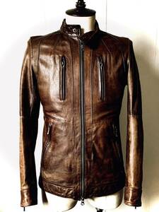 最上質 美色ヴィンテージ ブラウン hamnett leathers（羊革）シープスキンラムレザー シングルライダース ジャケット M