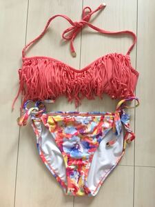  Lip Service fringe bikini swimsuit floral print flower band u salmon pink orange 