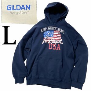 【GILDAN】フードパーカー 裏起毛 Los Angeles USA Ｌ 古着