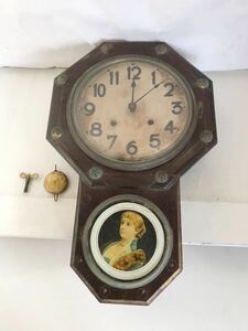 【G0710】PENDULUM OCTAGON CLOCKS 掛時計 振り子時計 柱時計 八角 時計 ゼンマイ式　ガラス絵　アンティークレトロインテリア　ジャンク品