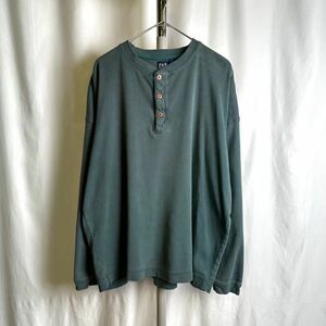 90s メキシコ製 OLD GAP ヘンリーネック Tシャツ L フェード グリーン 緑 ボロ カットソー 長袖 無地 オールド ギャップ 80s ビンテージ