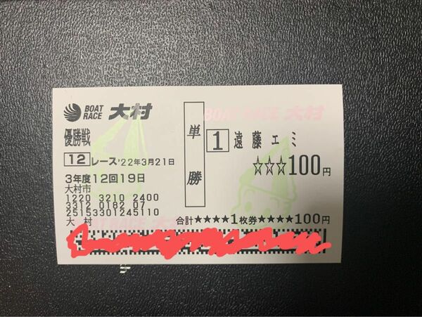 遠藤エミ　優勝単勝券　第57回ボートレースクラシックＳＧ優勝戦。 