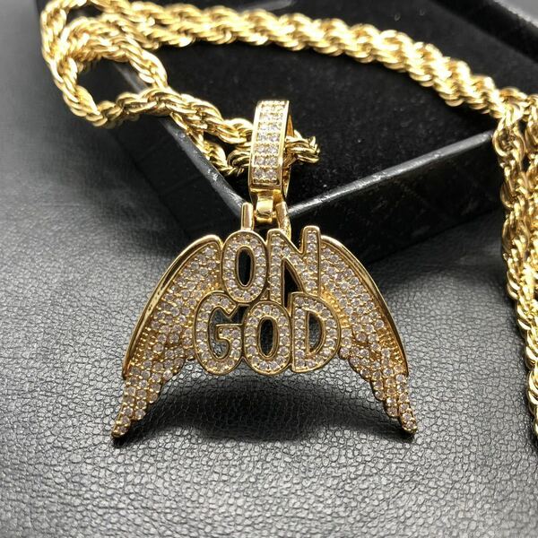 【新品】ON GOD エンジェル 神 ネックレス モチーフ 文字 ペンダント ゴールド 18k 金メッキ ブリンブリン ロープ チェーン メンズ