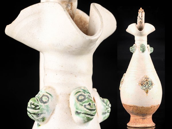 唐 鞏義窯 陶磁器 三彩瓜稜花口 三足水盂」染付 置物 擺件 古賞物 中国