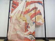 平和屋1■希少　アンティーク　大正ロマン　夏物　振袖　絽　刺繍　鶴　松　立波文　金糸　逸品　2s10514_画像3