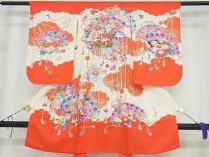 平和屋2■女の子祝着　着物　産着　お宮詣り　駒刺繍　檜扇鼓花文　金彩　逸品　du2358