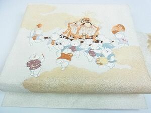 平和屋2■綴れ　八寸名古屋帯　童子　神輿　金糸　逸品　op5477