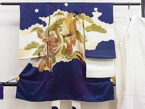 平和屋1■男の子　祝着　産着　初着　長襦袢セット　のしめ　お宮詣り　刺繍　鷹　枝松文　金彩　洗える着物　ze6529