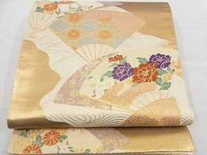 平和屋野田店■六通柄袋帯　唐織　立波扇面花文　金糸　逸品　n-kg3813