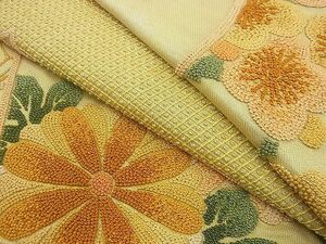 平和屋野田店■袋帯　総相良刺繍　地紙菊花文　金彩　逸品　n-gh3463