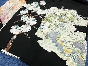 平和屋-こころ店黒留袖　三点セット　駒刺繍　鳥　枝花　地紙　金彩　全て正絹　B-dtk4608