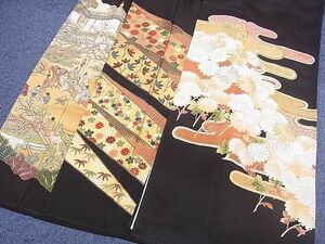 平和屋-こころ店■黒留袖　三点セット　作家物　駒刺繍　刺繍　草花　松竹梅　人物風景　金銀糸　金彩　全て正絹　B-dtk4782