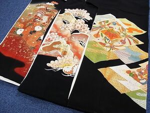 平和屋-こころ店黒留袖　三点セット　駒刺繍　菱　鳳凰　花　松　御所車　金糸　金銀彩　全て正絹　B-dtk4702