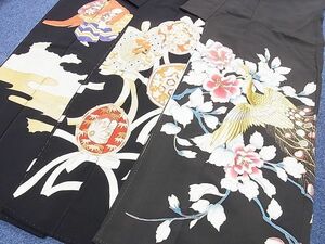 平和屋-こころ店黒留袖　三点セット　刺繍　花鳥　孔雀　花丸　人物　金銀糸　金彩　全て正絹　B-dtk4612