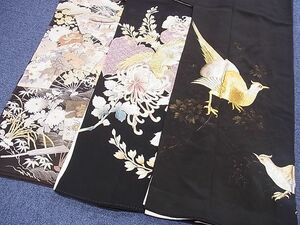 平和屋-こころ店■黒留袖　三点セット　駒刺繍　刺繍　鳥　草花　鶴　乱菊　扇面　御所車　松竹梅　金彩　金銀糸　全て正絹　B-dtk0008