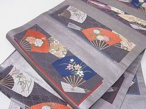 平和屋2■六通柄袋帯　唐織　ボストン美術館　扇面花文　金糸　逸品　fe5805