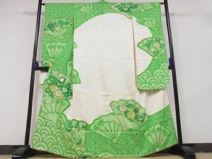 平和屋-こころ店■豪華振袖　駒刺繍　絞り　檜扇花文　金彩　小田急百貨店扱い　着丈163.5cm　裄丈62cm　正絹　逸品　B-ag4756