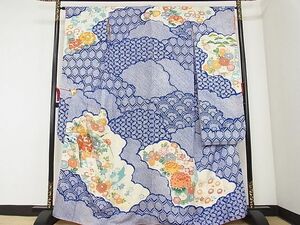 平和屋-こころ店■豪華振袖　駒刺繍　絞り　雲重ね草花文　着丈163.5cm　裄丈63.5cm　正絹　逸品　A-br5850