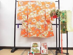 平和屋1■七五三　女の子　7歳　祝着・作り帯・小物セット　鞠　鈴　花丸舞蝶文　金彩　逸品　ze6602