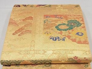 平和屋1■六通柄袋帯　格天井草花吉祥文　金糸　逸品　ng3233