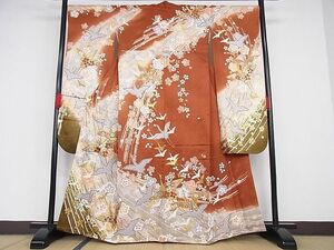 平和屋-こころ店■豪華振袖　駒刺繍　飛鶴花文　金糸　着丈161cm　裄丈68cm　正絹　逸品　B-jd3654