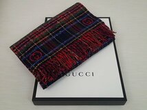 GUCCI/グッチ☆GGロゴ チェック 羊毛 ウール ストール マフラー クリスマスカラー レッド フリンジ リバーシブル 箱付き 643208_画像1